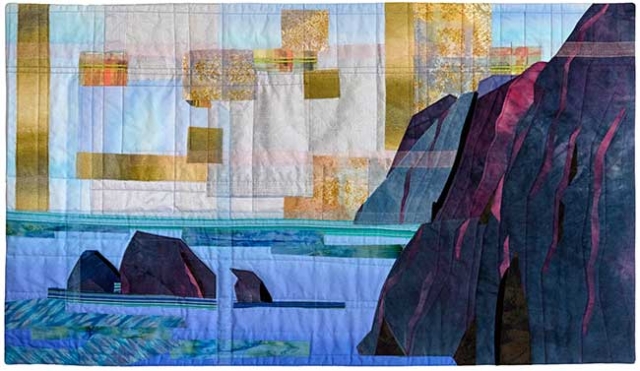 Cotton and silk fabric collage, machine quilting with silk threads.