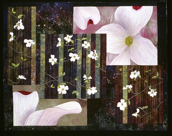 Original design from photographs I took of dogwoods in bloom. Hand appliqué, hand quilting, painting and coloring on fabric, Micron pen work, hand embroidery, beading and ruching. Wendy Richardson and Terri Lawler fabrics used in background areas.