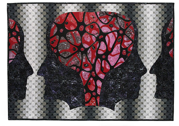 (First piece in Inside-Out Series.) Machine applique with metallic threads; hand-painted cotton fabrics; machine quilted.