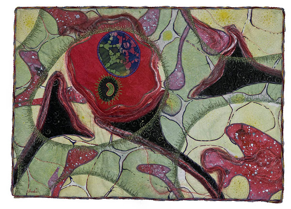 (Second piece in Inside-Out Series.) Machine applique; silk fibers; threadpainting; tulle overlay; Machine quilted.