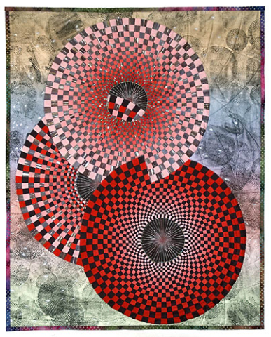 Circles of Illusion made with gradated colors and gray cotton fabrics. Cotton background fabric circles painted with fabric paint. Machine applique and machine quilted with clear polyester thread.