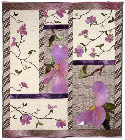 Original interpretation of pink dogwood blossoms in hand-dyed cotton sateen on jacquards and silk dupioni, Hand appliquéd, Hand Quilted, Beaded, colored with pencils, Micron pen work.