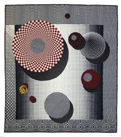 Pieced red & white circle of illusion floating on geometric background, Hand quilted, hand appliquéd.