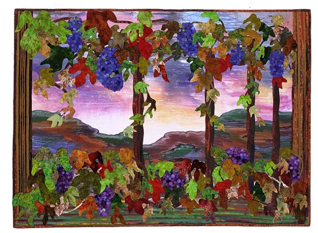 Original vineyard interpretation, Hand Applique, Hand Quilting, Painting on fabric, stuffed work, three-dimensional work. Uses Skydyes fabric in background.