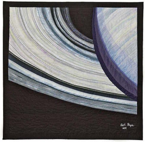 Cotton fabrics painted with Setacolor and Jacquard paints. Thread work and machine quilting with cotton, mylar and supertwist threads. Adaptation of a Cassini photo of Saturn and its rings.