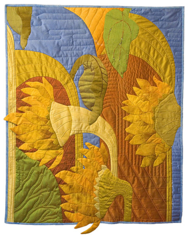 Hand-dyed silk/cotton fabrics were combined with dupioni silk to create a view of sunflowers from within the field. Hand and machine quilted, both hand and machine trapunto and applique work, double needle work.