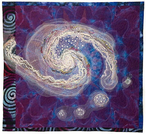Hand dyed cotton background. Yarn, ribbon, threads, organza and tulle as well as thread work. Adaptation of Hubble photo of the Whirlpool Galaxy 23 million light-years away.
