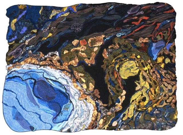 Collage of fabric to interpret photographs taken at Yellowstone National Park of bacterial mats and pools. Machine appliqué and quilting. Couched yarns. Begun in Joan Colvin workshop. Detail view here.